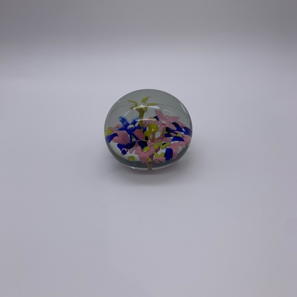 Stunning Vtg. Cobalt Blue Pink & Yellow Flowered Art Glass PAPERWEIGHT 3” - Picture 1 of 14